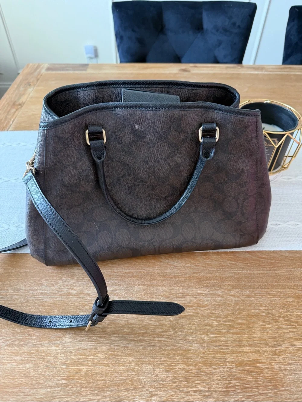 Coach Dark Brown Signature Satchel with Black Trim